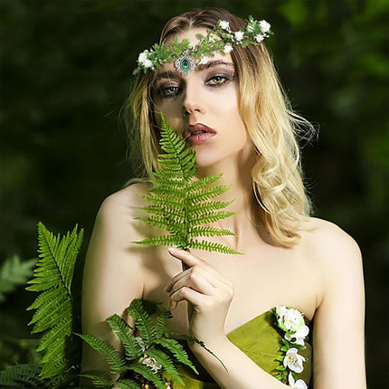 Handmade White Green Pendant Flower Crown Headband Wedding Fairy Elf Cosplay