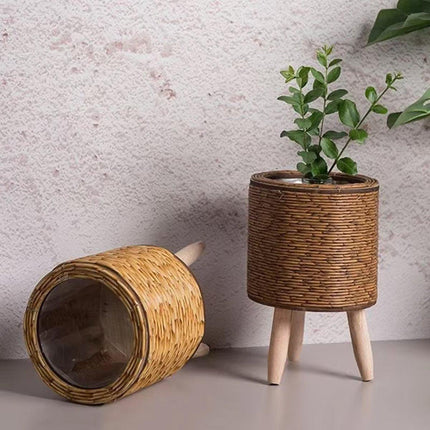 Indoor Rattan Trellis Planter Tabletop Plant Container Straw Planter for Home