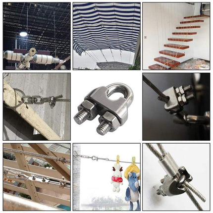 16X 304Steel Wire Rope Grips Clamps U Bolts Fitting Cable Cord Tie M6 6mm Sliver