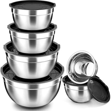 5PCS Stainless Steel Mixing Bowl Set with Black Dust Cover for Cooking Baking