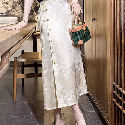 Retro White Cheongsam Style High Waist Slit Skirt for Women