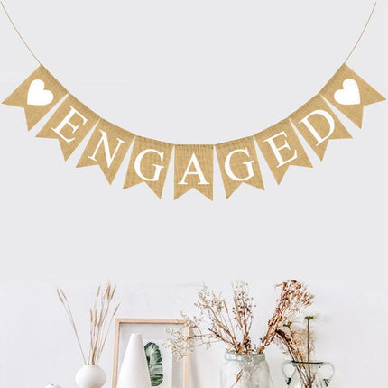Engaged Hessian Banner Rustic Engagement Party Decorations Hearts Burlap Bunting - Aimall