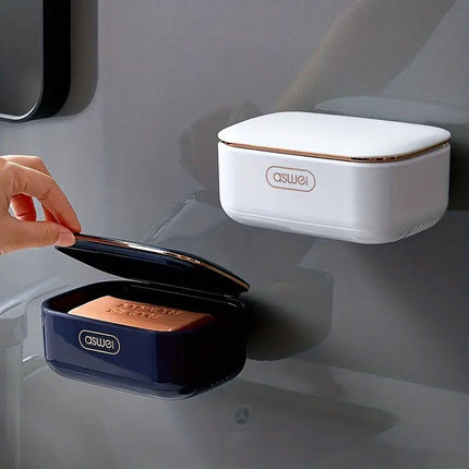 Household Wall Mounted Soap Box With Lid Drainage Non Punch Bathroom Storage Box