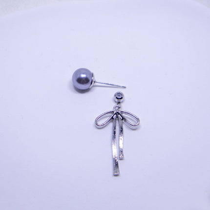 Grey Pearl Ribbon Long Tassel Earrings Elegant Fashion Jewelry for Women Gift