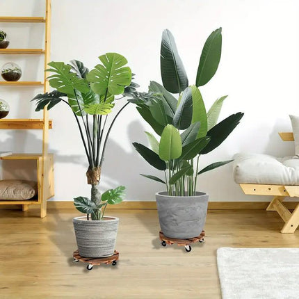 Wooden Round Universal Wheel Planter Base Tray Mobile Planter Stand for Garden
