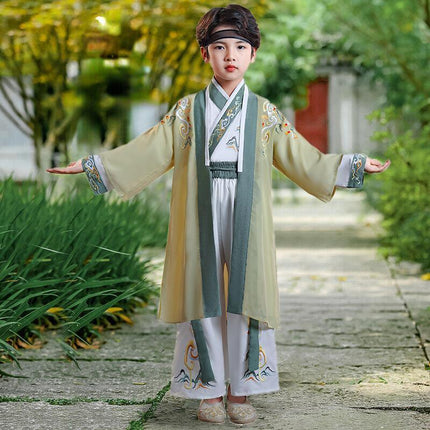 Kids Boys Hanfu Suit Top and Pants Embroidered Lace Up Bag Tassel Chinese Style - Aimall