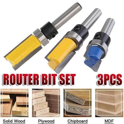 3PCS 1/4" Shank Flute Flush Trim Router Bit Set Top Bearing Milling Cutter Kit - Aimall