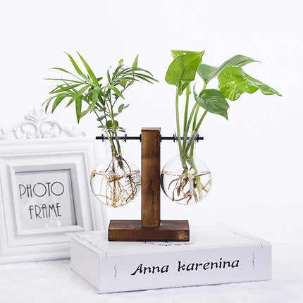 Wooden Stand Glass Flower Vase Hydroponic Hanging Plant Terrarium Container - Aimall