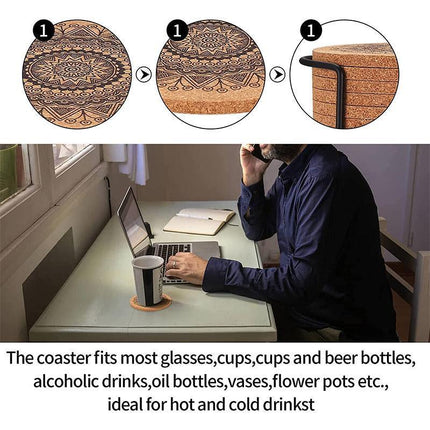 12Pc Cup Coasters Coffee Pad With Rack Nordic Mandala Round Cork Coaster - Aimall