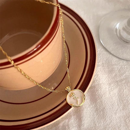 White Gold Plated Round Rose Natural Shell Pendant Necklace Pearlescent Gift - Aimall