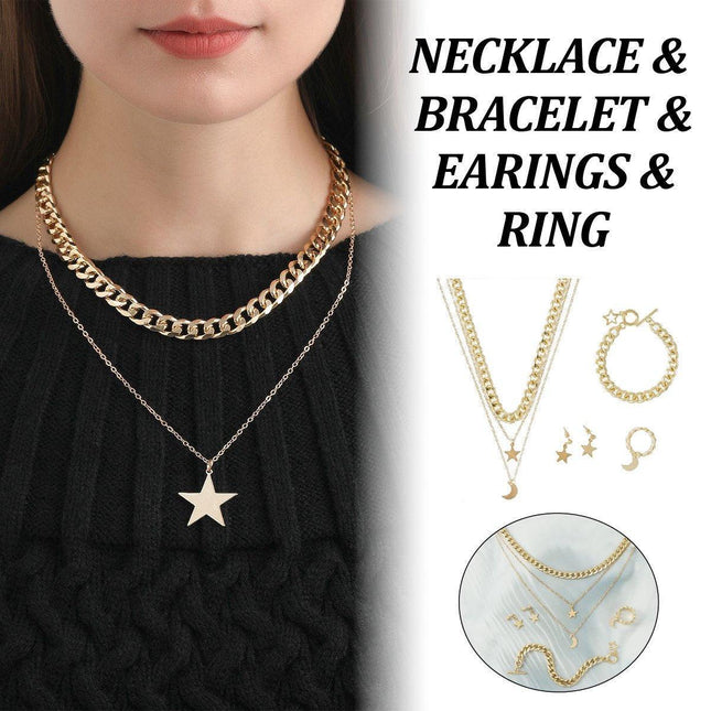 Moon Stars Pendant Necklace Bracelet Ring Earrings Jewelry Set Women Gift
