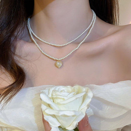 White Heart Pearl Double Layer Necklace Sweet Elegant Versatile Jewelry Gift