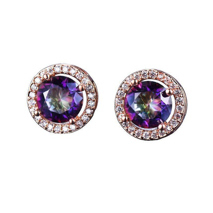 Red Garnet Diamond Halo Round Stud Earring Push Back Rose Gold Plated Women Gift - Aimall