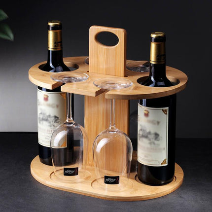 Wooden Wine Rack Free Standing 2Bottles with 4Glasses Holder Bamboo Wine Storage