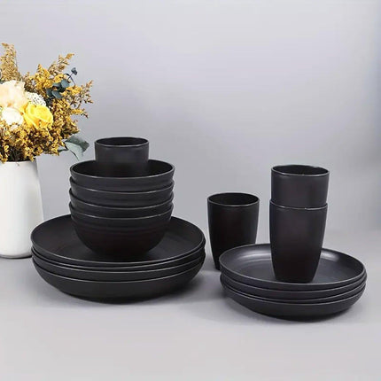 16PCS Eco-Friendly Wheat Straw Portable Tableware Set with Plate Bowl Cup