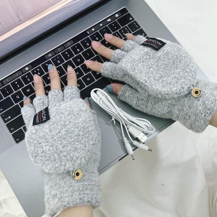 Winter Electric Rechargeable Mitten Heated Gloves Half Finger W/Hat USB Knitted - Aimall