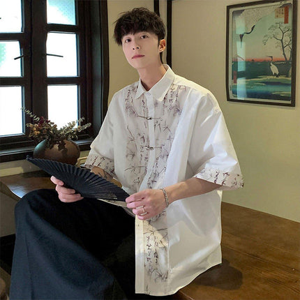 Men Chinese Style Summer Short Sleeve Shirt Lightweight Casual Tang Suit