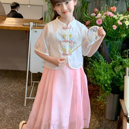 Girls Short Sleeve Dress Chinese Style Skirt Traditional Summer Outfit