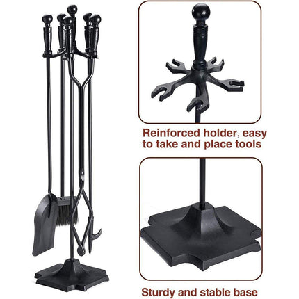 5PCS Grillz Fireplace Tool Set Fire Place Tools Poker Brush Shovel Stand Tongs