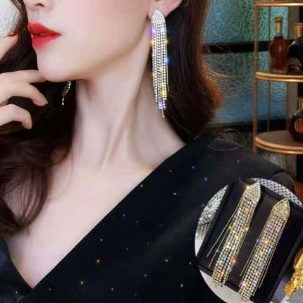 Bling Dangle Drop Tassel Earrings Long Tassel Rhinestone Rhinestone Earrings - Aimall