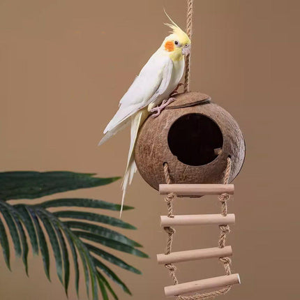 Natural Coconut Bird Nest Cage Pet Parrot Parakeet Safe Hut Feeder Shell Home - Aimall
