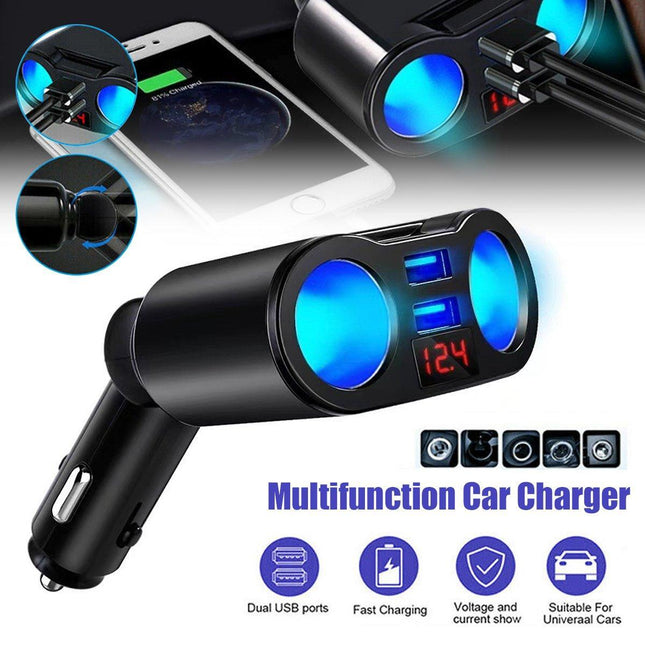 LCD Car Dual USB Charger Power Adapter 12-24V Cigarette Lighter Socket Splitt