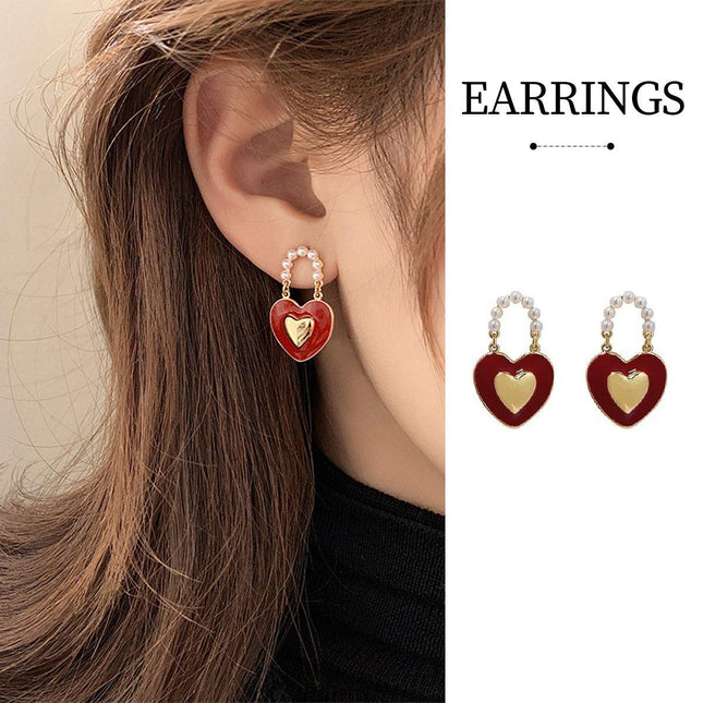 Burgundy Heart Pearl Stud Earrings Fashion Jewelry Elegant Women Accessories