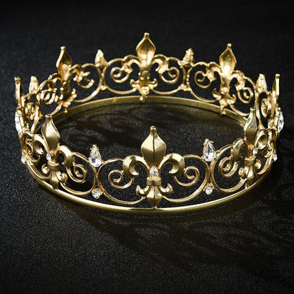 Gold King Crown Alloy Royal King Crown for Men Full Round Crowns Wedding