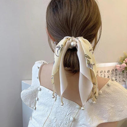 Vintage Boho Silk Bowknot Flower Hair Scrunchies Women Hair Bands Rope Pearl - Aimall