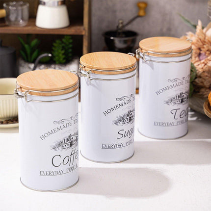 3PCS White Tinplate Coffee Tea Sugar Storage Jar Set Sealed Kitchen Counter