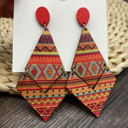 Boho Print Wood Earrings Diamond Shape Drop Dangle Fashion Jewelry for Women