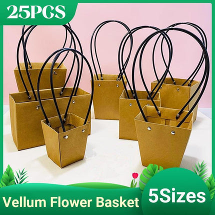 25x Kraft Paper Bag Flowers Waterproof Bouquet Basket Gift Box With Handle - Aimall