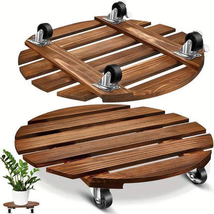 Wooden Round Universal Wheel Planter Base Tray Mobile Planter Stand for Garden
