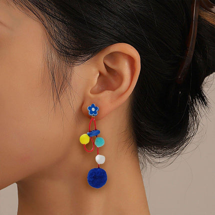 Colour Matching Hairball Earrings Long Fringe Bohemian Style Statement Jewelry