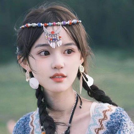 Vintage Ethnic Crescent Leaf Fringe Headpiece Forehead Chain Boho Fashion