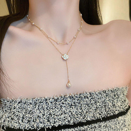 Gold Pearl Camellia Long Tassel Necklace Elegant Airy Jewelry for Women Gift