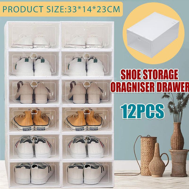 12PCS Shoe Box Storage Case Clear Boxes Foldable Stackable Transparent Organizer - Aimall