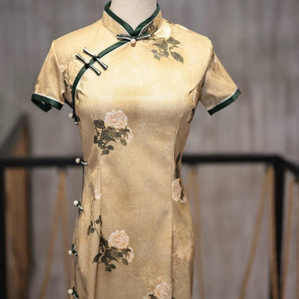 Retro Chinese Style Yellow Jacquard Cheongsam Short Sleeve Improved Young Style