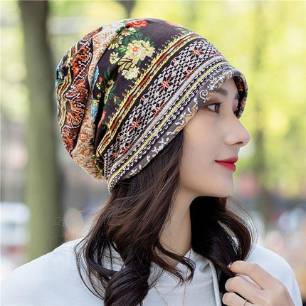 Ethnic Style Cotton Flower Stripe Pullover Cap Dual Purpose Turban Hat for Women