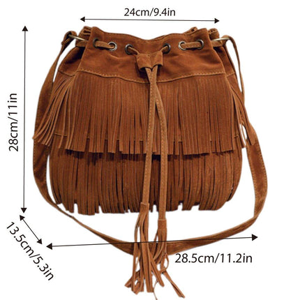 Brown Soft Velvet Tassel Womens Drawstring Shoulder Crossbody Bag for Fashion