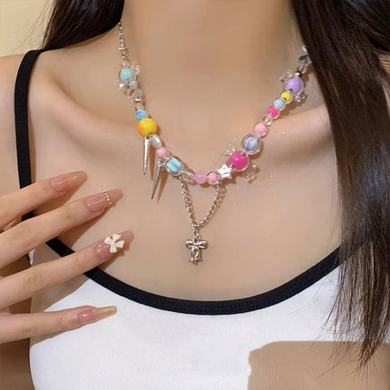 Cute Candy Heart Colourful Beaded Necklace Women Girls Trendy Fashion