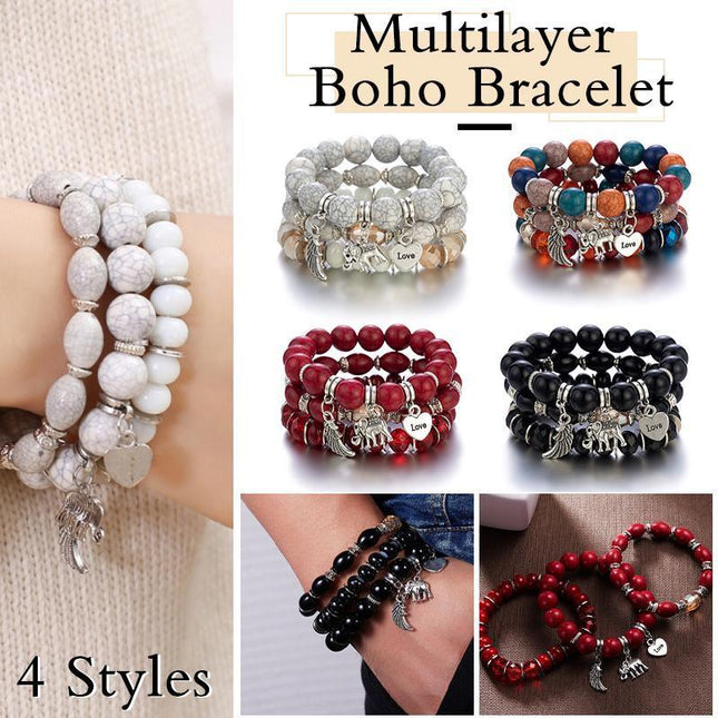 3PC Women's Boho Wooden Natural Stone Beads Tassel Bracelet Set Bodhi Beaded