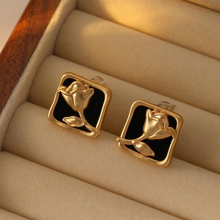 Vintage Matte Black Rose Square Stud Earrings Elegant Fashion Jewelry Women