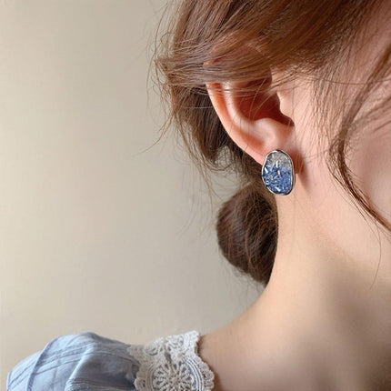 Retro Blue Crystal Earrings Fashion Jewelry Sea Salt Silver Needle Design