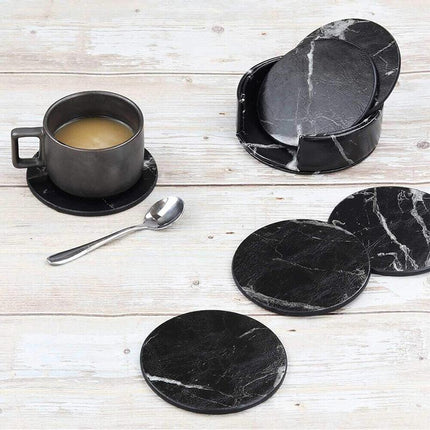 6x Coasters with Holder Marble Texture Round Cup Mat Pad Set For Drinks - Aimall