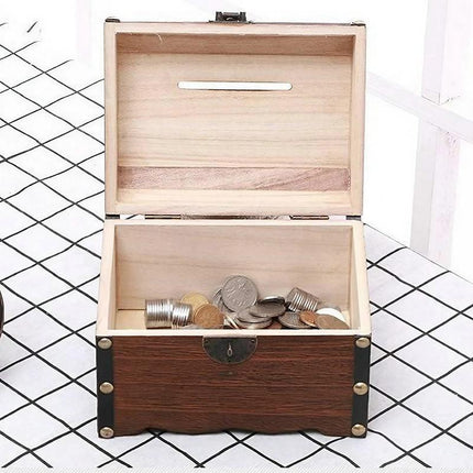 Wooden Treasure Chest Retro Money Storage Box Case Coin Piggy Bank Organizer - Aimall