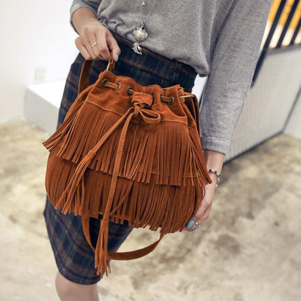 Brown Soft Velvet Tassel Womens Drawstring Shoulder Crossbody Bag for Fashion