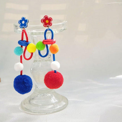 Colour Matching Hairball Earrings Long Fringe Bohemian Style Statement Jewelry