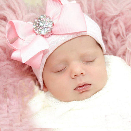 3PCS Baby Girl Knit Hat Pink Stripe Glitter Bow Newborn Pullover Warm Winter Cap