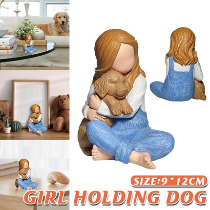Little Girl Holding Dog Resin Figurine Cute Home Decoration Gift for Pet Lovers